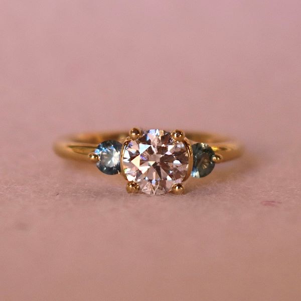 Arwen Three-Stone Ring, Yellow Gold, Diamond and Sapphire