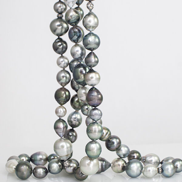 Long Multi-ShapeTahitian Cultured Pearl and Diamond Bead Strand