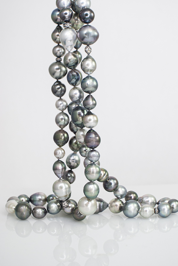 Long Multi-ShapeTahitian Cultured Pearl and Diamond Bead Strand