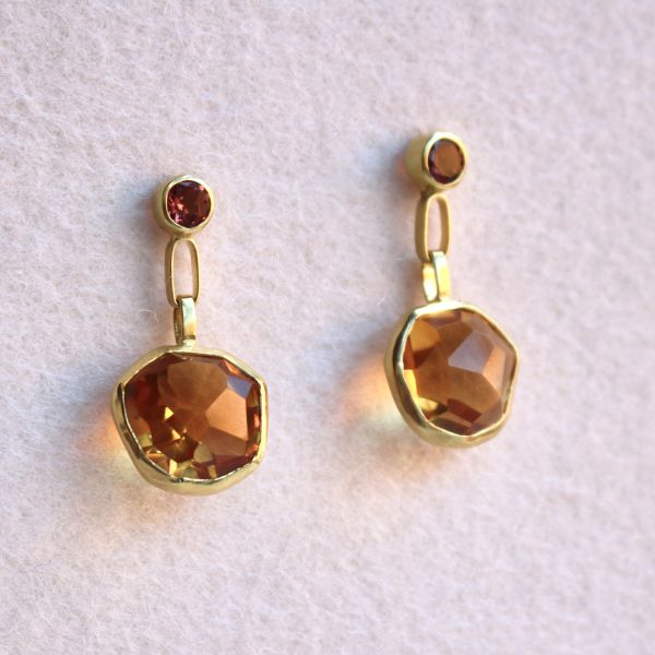 Freeform Faceted Citrine and Tourmaline Earrings