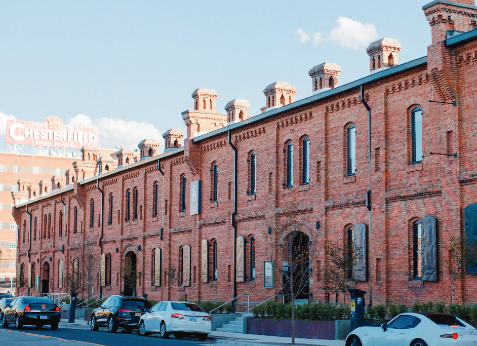 Historic red-brick buildings and courtyard at Brightleaf Square in Durham, North Carolina.