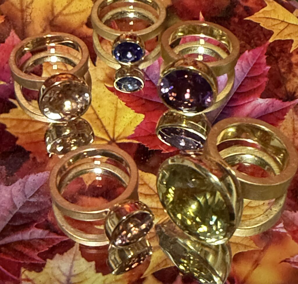Six Georg Spreng rings gleam on a background of fall leaves.