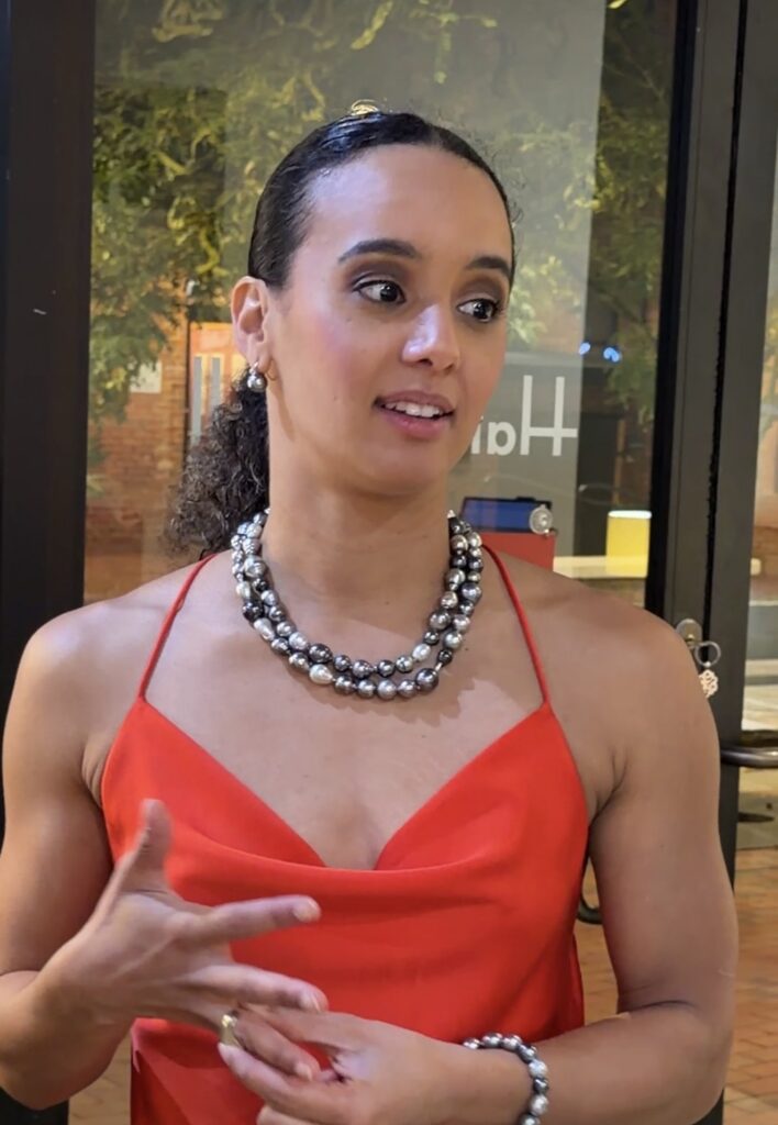 Pilobolus dancer wearing Tahitian pearl jewelry at Hamilton Hill Jewelry in Durham
